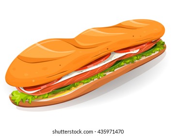 Swedish Sandwich With Salmon Fish
Illustration of an appetizing cartoon fast food sandwich icon, with salmon fish slices, fresh cheese, salad leaves and classic french loaf, for takeout restaurant