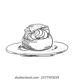 Swedish semla, hand drawn sketch of sweet pastry on a plate, whipped cream filled cardamom bun with almond paste, vector illustration doodle on white background