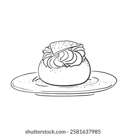 Swedish semla, hand drawn sketch of sweet pastry on plate, whipped cream filled bun, vector illustration doodle on white background