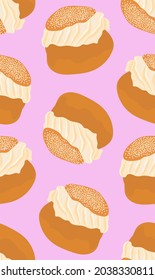 Swedish semla on pink background. Seamless pattern. Vector illustration in cartoon style.