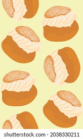 Swedish semla sweets on yellow background. Seamless pattern. Vector illustration in cartoon style.