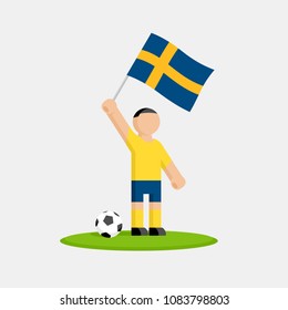 Swedish soccer player in kit with flag and ball