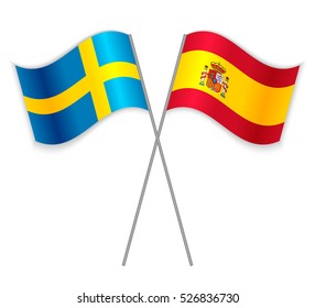 Swedish and Spanish crossed flags. Sweden combined with Spain isolated on white. Language learning, international business or travel concept.