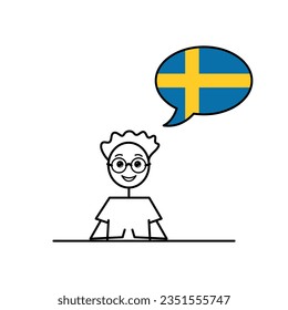 swedish speaking cartoon boy with speech bubble in flag of Sweden colors, male character learning svenska language vector illustration, black line sketch