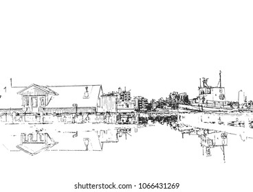 Swedish style marina house and boat reflected in calm water, Computer generated vector sketch