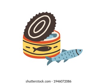 Swedish Surstromming in opened can. Smelly Baltic herring. Colored flat vector illustration of Sweden cuisine isolated on white background