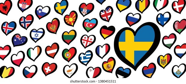 Swedish Sweden flag and different countries flags with heart flags logo. For Europe, eurovision music song festival, contest. Music songs for vision dreams. Vector euro TV icon pattern. 