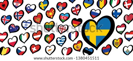 Swedish Sweden flag and different countries flags with heart flags logo. For Europe, eurovision music song festival, contest. Music songs for vision dreams. Vector euro TV icon pattern. 