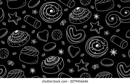 Swedish sweets black and white seamless pattern. Suitable for printing on packaging, paper, for menu decoration. Vector outline background