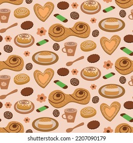 Swedish sweets seamless pattern with cinnamon buns , cookies , coffee cups and little flowers. For gift wrap, food textile and fabric
