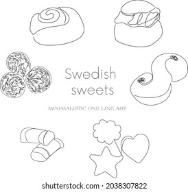 Los dulces suecos ponen iconos. Panadería continua de una línea. Dibujo de una sola línea, si son dulces.