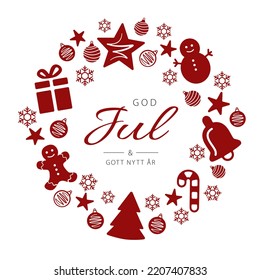 Swedish text: God Jul och Gott Nytt År. Merry Christmas and Happy New Year. Card template. Vector illustration