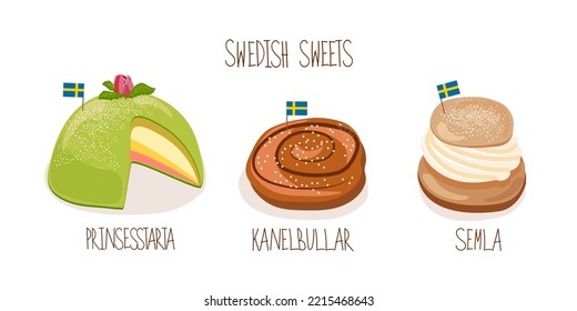 Swedish Sweets Prinsesstarta, Kanelbullar, Semla with Swedish Flags. Concept of Cozy Sweet Coffee Time. Scandinavian. Vector Illustration