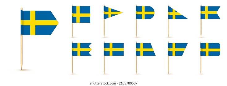 Swedish toothpick flag isolated on wood stick with white paper. Realistic little tooth pick for lunch. Vector cocktail decoration.