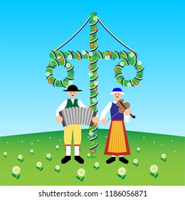Swedish traditional midsummer celebration with musicians in typical costume, vector illustration.