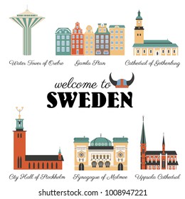 Swedish travel cartoon vector landmark,  flat buildings, City Hall of Stockholm, Gamla Stan, Synagogue of Malmoe, Water tower of Orebro, Church of Christina of Gotenborg, Uppsala Cathedral isolated on