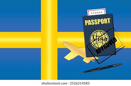 Swedish Travel Documentation Concept with blue Passport and Sweden Flag. Approved Stamp. Airplane and Traveling Tickets. Ideal for Immigration Tourism and Traveling Themes. Vector EPS available