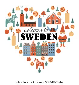 Swedish vector traditional symbols in heart shape, lamdmark City Hall of Stockholm, Gamla Stan, Tomtar elf,  Dalarna horse, red house, cinnamon roll isolated on white, decorative frame flat style