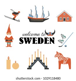 Swedish vector traditional symbols, Vasa Sailer, Tomtar elf, Dalecarlica horse, Dalarna horse, skis, skates, red house, candles, viking helmet isolated on white, decorative set travel icons flat style