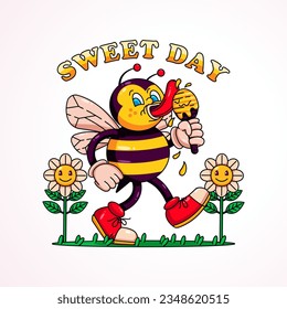 Sweed Day, ein Retro-Cartoon einer Biene, die Honig frisst, perfekt für Maskottchen, T-Shirts, Aufkleber und Plakate