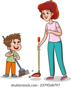 Sweep the floor. Mother and son with broom. Family time, cleaning home vector illustration