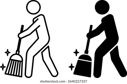 Sweep Icons. Black and White Vector Illustration. Man with a Broom. House or Street Cleaning. Hygiene Concept