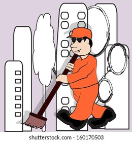 sweeper and broom in his uniform, background the skyline.