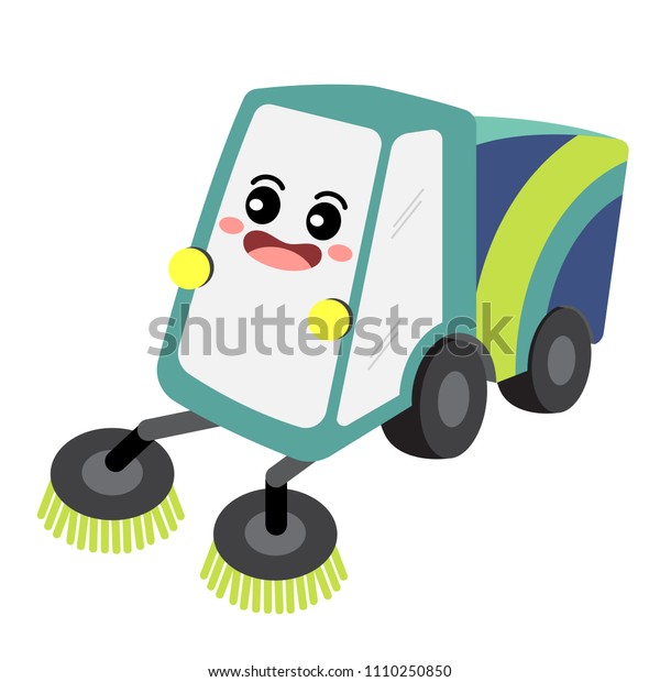 Sweeper Car\
transportation cartoon character perspective view isolated on white\
background vector\
illustration.