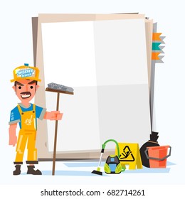 Sweeper or cleaner man with note paper for presentation. how to clean concept. character design with tools - vector illustration