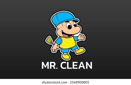 sweeper, icon, logo, mascot, illustration, symbol, broom, design,