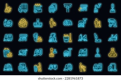 Sweeper icons set outline vector. Street truck. Machine broom neon color on black