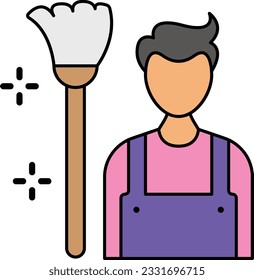 Sweeper or janitor vector color design, Housekeeping symbol, Office caretaker sign, porter or cleanser equipment stock illustration, manservant with broom concept