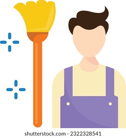 Sweeper or janitor vector icon design, Housekeeping symbol, Office caretaker sign, porter or cleanser equipment stock illustration, manservant with broom concept