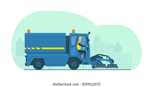 Sweeper mini truck with driver. Vector illustration.