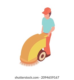 Composición isométrica de la calle barredora con carácter de trabajador masculino que opera la máquina de limpieza de la calle ilustración vectorial