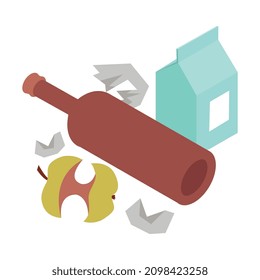 Composición isométrica de la calle Barredora con imagen aislada de elementos de basura no ordenados ilustración vectorial