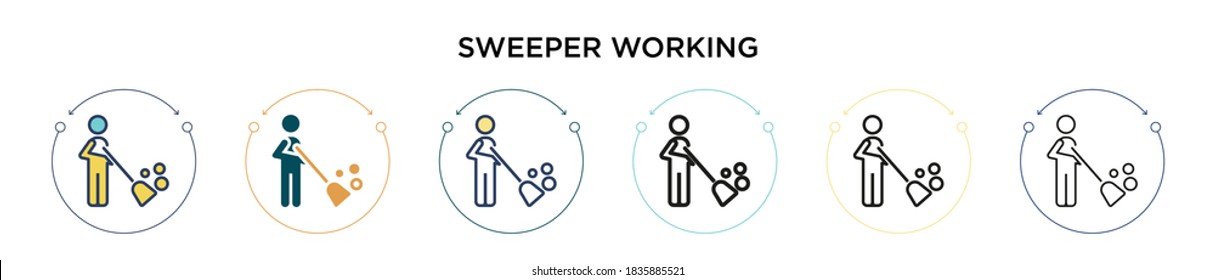 Sweeper working icon in filled, thin line, outline and stroke style. Vector illustration of two colored and black sweeper working vector icons designs can be used for mobile, ui, web