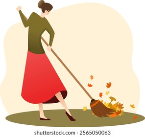 sweeping autumn leaves vector illustration, cleaning the yard from leaves, a lady sweep with a broom