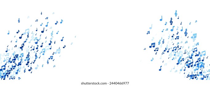 A sweeping banner of music notes in varying shades of blue, giving a sense of movement and the free-flowing nature of music across a white panoramic background.