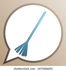Sweeping broom sign. Bright cerulean icon in white speech balloon at pale taupe background. Illustration.