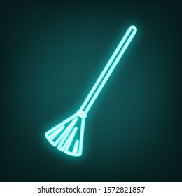 Sweeping broom sign. Cyan neon icon in the dark. Bluring. Luminescence. Illustration.
