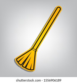 Sweeping broom sign. Flat orange icon with overlapping linear black icon with gray shadow at whitish background. Illustration.