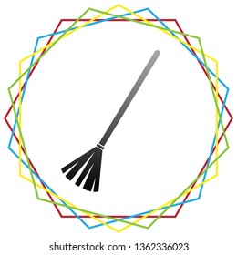 Sweeping broom sign. Vector. Black icon with patch of light inside colorful hexagonal frames at white background.