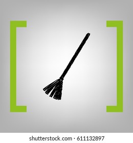 Sweeping broom sign. Vector. Black scribble icon in citron brackets on grayish background.