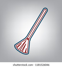 Sweeping broom sign. Vector. Dark red, transparent and midnight green stroke of white icon at grayish background.