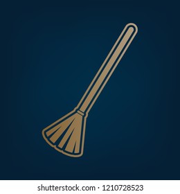 Sweeping broom sign. Vector. Golden icon and border at dark cyan background.
