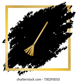 Sweeping broom sign. Vector. Golden icon at black spot inside golden frame on white background.