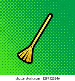 Sweeping broom sign. Vector. Pop art orange to yellow dots-gradient icon with black contour at greenish background.