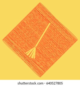 Sweeping broom sign. Vector. Red scribble icon obtained as a result of subtraction rhomb and path. Royal yellow background.