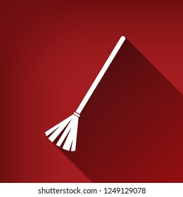 Sweeping broom sign. Vector. White icon with limitless shadow at ruby red background.